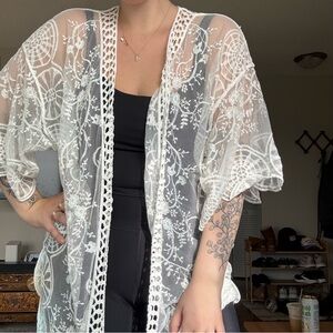 Boho Lace Embroidered Duster Cardigan Kimono Bell Sleeves Fairy Beachy Coachella